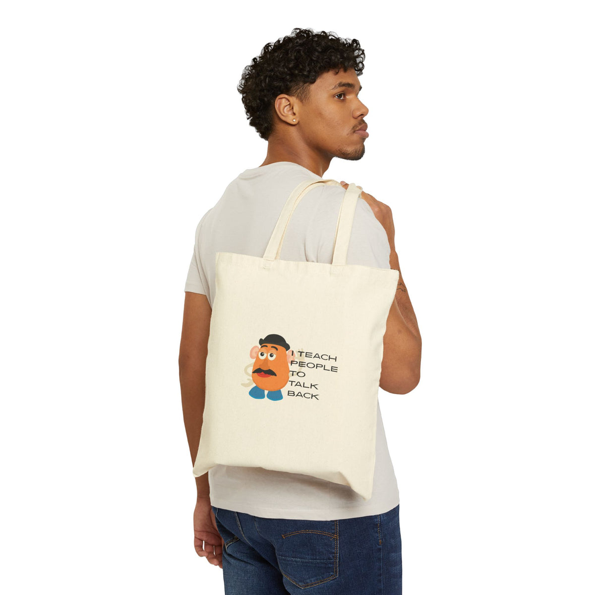 Funny Teacher Tote Bag - "I Teach People to Talk Back" Cartoon Mr. Potato Head Design