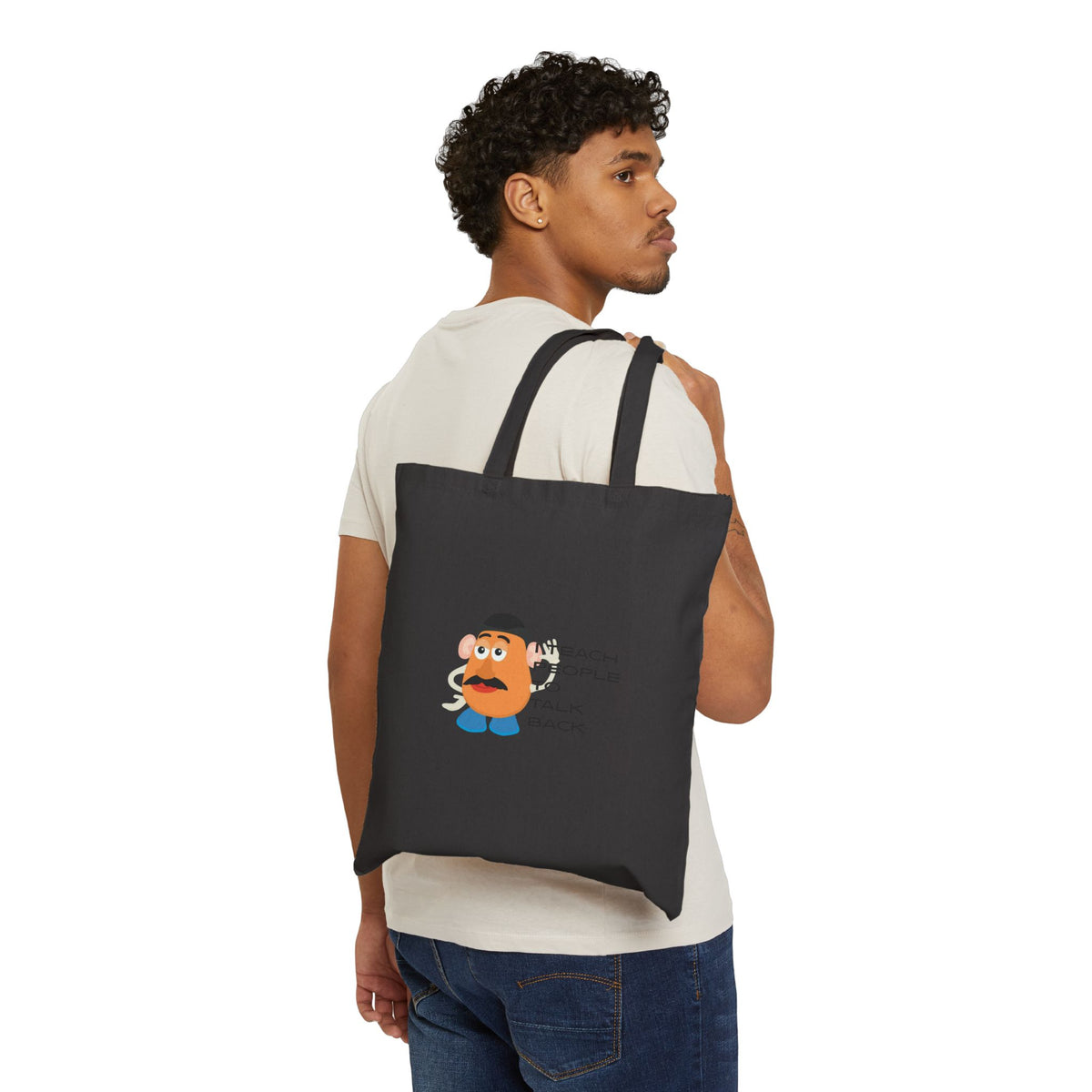 Funny Teacher Tote Bag - "I Teach People to Talk Back" Cartoon Mr. Potato Head Design